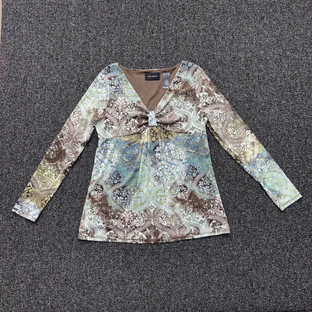 Axcess Paisley Mesh Overlay V-Neck Top Women Size M Brown boho y2k whimsigoth